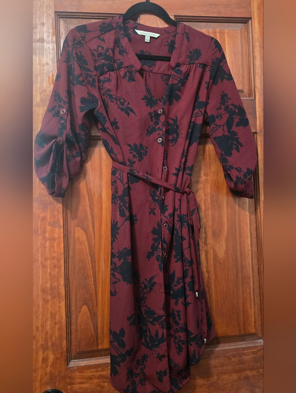 41 Hawthorn Burgundy Floral Button-Front Midi Dress with Tie Belt